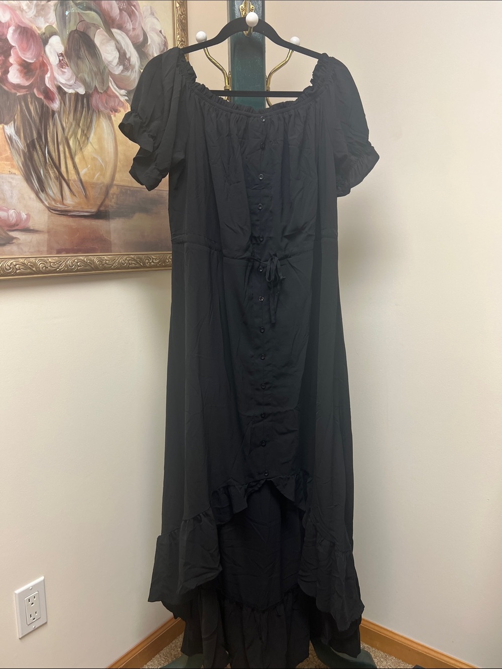 Black Women's Button-Front Midi Dress with Ruffle Hem